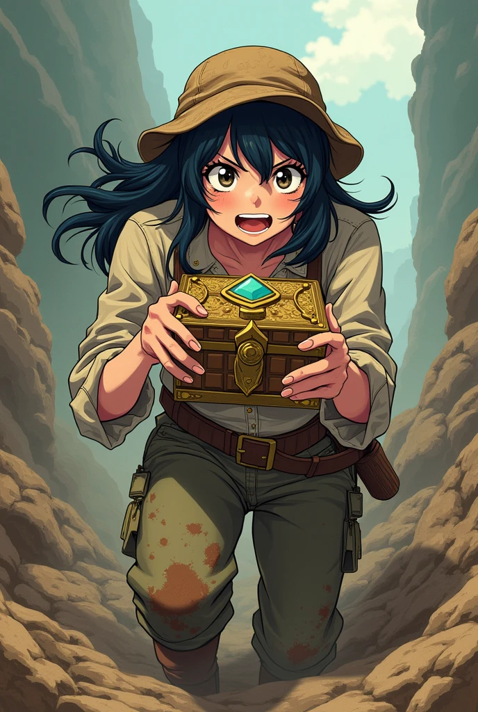 Japanese anime style,woman,地の底から這い上がっているwoman,The clothes are dirty,Trying to crawl up,treasure hunter,泥まみれのwoman,Holding the treasure,Japanese Style,アニメのwoman,Very happy