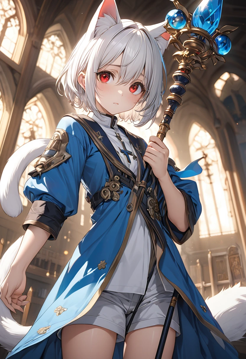 short hair, (red eyes:1.5),  animal ears, tail, white hair, shorts, cat ears, cat tail, Blue Robe、Staff, clergyman、prayer、(small breast:1.2), BREAK looking at viewer, BREAK outside, BREAK (masterpiece:1.2), best quality, high resolution, unity 8k wallpaper, (illustration:0.8), (beautiful detailed eyes:1.6), extremely detailed face, perfect lighting, extremely detailed CG, (perfect hands, perfect anatomy),Are standing、Droopy eyes、