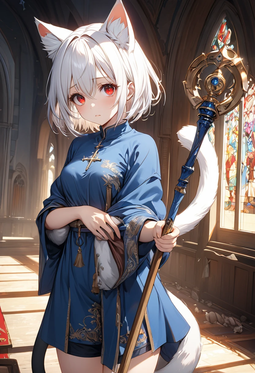 short hair, (red eyes:1.5), animal ears, tail, white hair, shorts, cat ears, cat tail, Blue Robe、Staff, clergyman、prayer、(small breast:1.2), BREAK looking at viewer, BREAK outside, BREAK (masterpiece:1.2), best quality, high resolution, unity 8k wallpaper, (illustration:0.8), (beautiful detailed eyes:1.6), extremely detailed face, perfect lighting, extremely detailed CG, (perfect hands, perfect anatomy),Are standing、Droopy eyes、