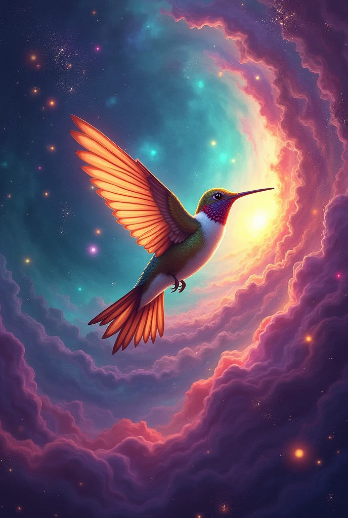 Galaxy, violet color, turquoise, rosado, hummingbird with wings of fire