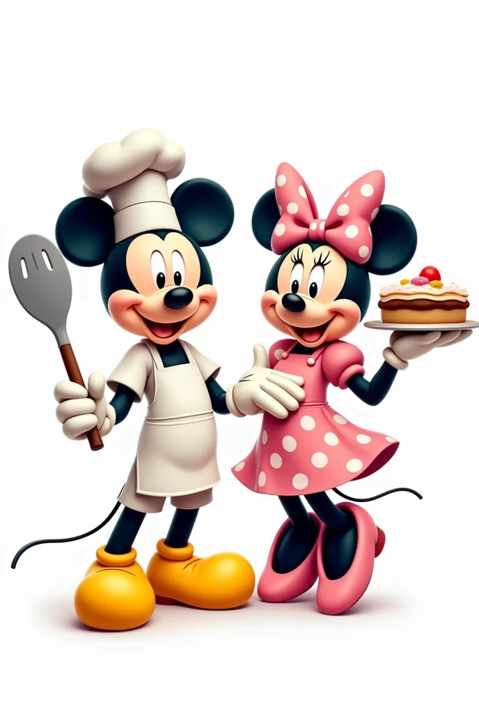 a detailed, full-body image in a cartoony style of Mickey and Minnie Mouse, both dressed as chefs. Mickey is wearing a white chef's hat, a white apron, and yellow shoes. Minnie is wearing a pink dress with white polka dots and a matching bow. They are both smiling and look joyful. Mickey is holding a large cooking spoon, and Minnie is holding a tray of sweets. The background should be completely white, focusing solely on the characters without any kitchen or additional elements in the background. The image should feature simple shapes, bold outlines, solid colors, and minimal shadows or realistic details, characteristic of cartoon-style illustrations