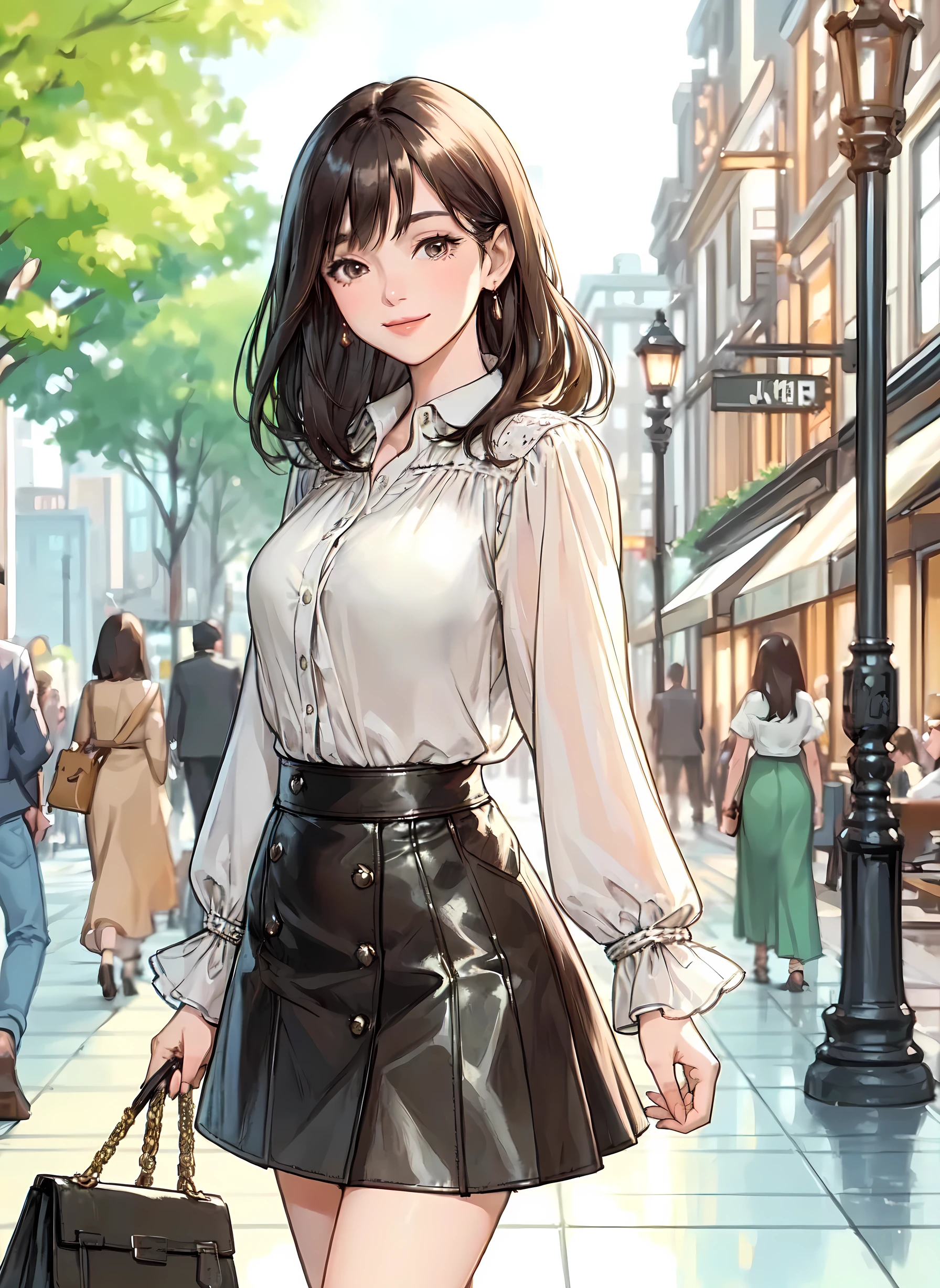 1lady solo, (strolling through city), (stylish outfit) (leather skirt,) (mature female:0.8), /(dark brown hair/) bangs, kind smile, (masterpiece best quality:1.2) delicate illustration ultra-detailed, large breasts, (holding designer's bag) BREAK (luxurious downtown street) outdoors, noon, cityscape, crowded, detailed background