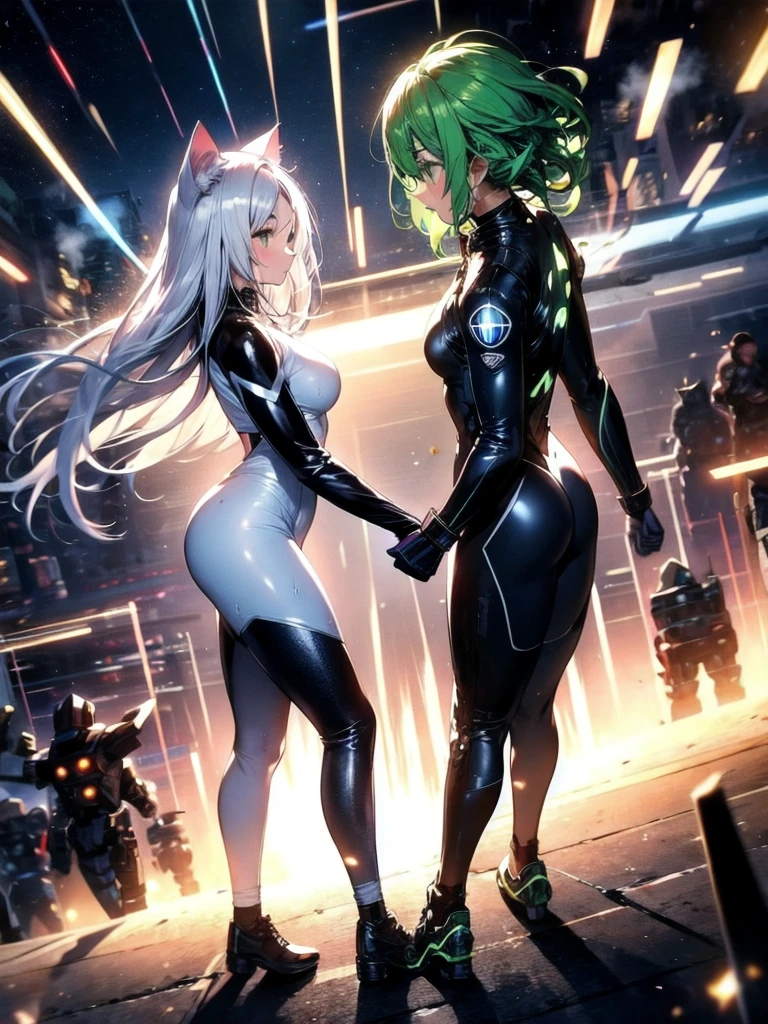A silver-haired beautiful girl with cat ears eyes are green hair is silver and long Clothes: a form-fitting black combat suit The fist is an afterimage The background is a city at night The year is monitor,dark nighit,sweat,Steam of exhalation,space, battle,dynamic angle, dynamic pose
