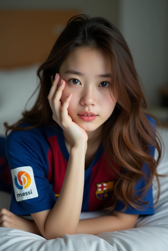 Brown-haired ASIAN GIRL  lying on a bed posing in front of the camera, wearing a Barcelona soccer team shirt, with Messi's 10 number, brown hair, she covering her face with her hand, pale, and long hair, showing the shirt, hd