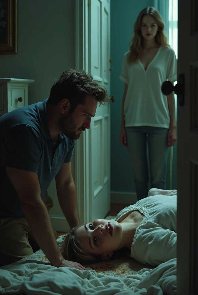 A man dressed casually, He enters his wife's room, a beautiful young blonde european woman, and notices that she is lying face down on the ground and oil is coming out of her mouth, When he turns around there is another woman identical to his wife standing at the door,Hyper-realistic image quality