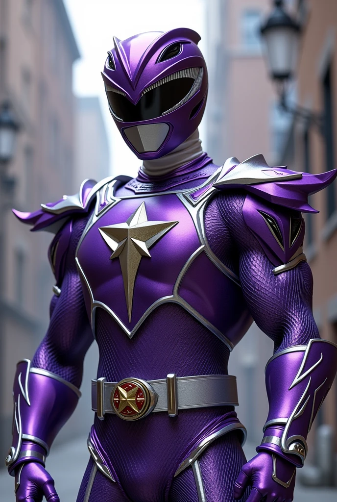 Full body photorealistic handsome hunky masculine Violet Power Ranger,,unreal engine, extremely attractive male wearing Violet and silver scales transparent mesh bodysuit, with embosed " star " on the chest, with belt and gloves and helmet,,,extremely masculine physique, intricately detailed metal body armour, super bulge, realistic skin, in action, fantasy background