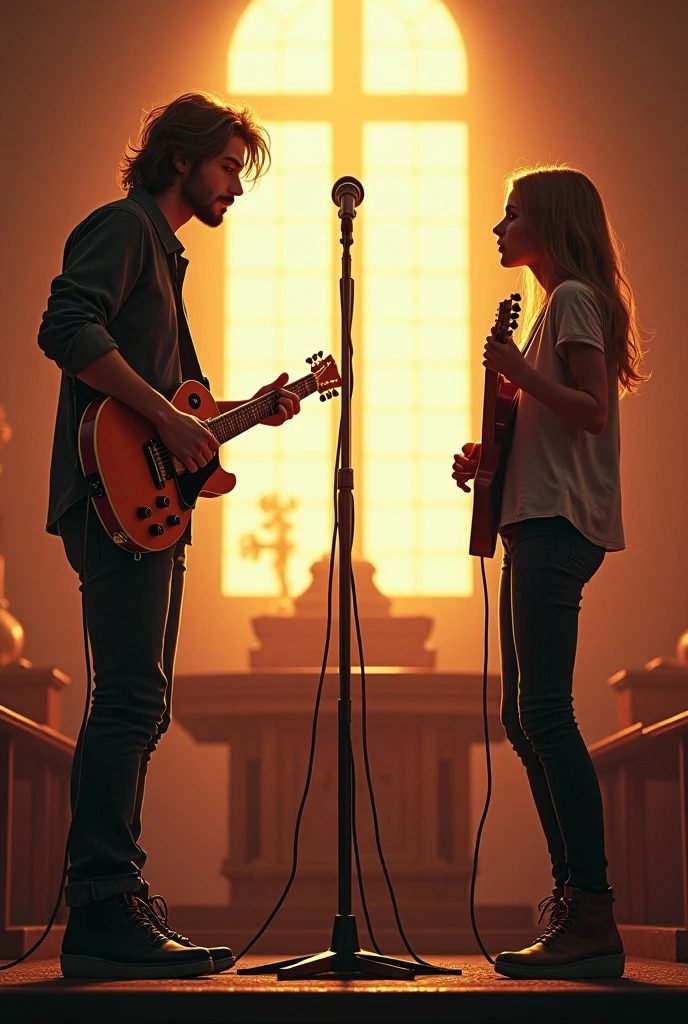 I want a young man with long hair, sem beard, with a Gibson Les Paul electric guitar and in front of it a microphone stand, He is looking to the side where there is a beautiful young woman with a guitar singing, both are in church, each one with their pedestal the young woman is looking forward and the young man looking to the side at her.