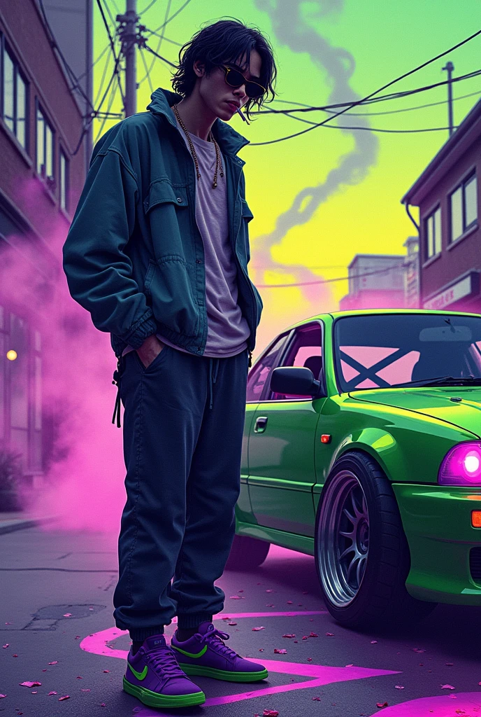 A psychedelic artwork with purple and green details of a man with long black hair, with sunglasses, the hair is a bit messy, wearing baggy clothes and purple and green sneakers smoking a cigarette next to a drift car in Japan
