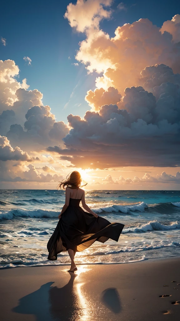 a true masterpiece depicting peace, all dreams, a woman on the beach, windy, silhouette, cinematic,hope, gorgeous lighting, contemplative