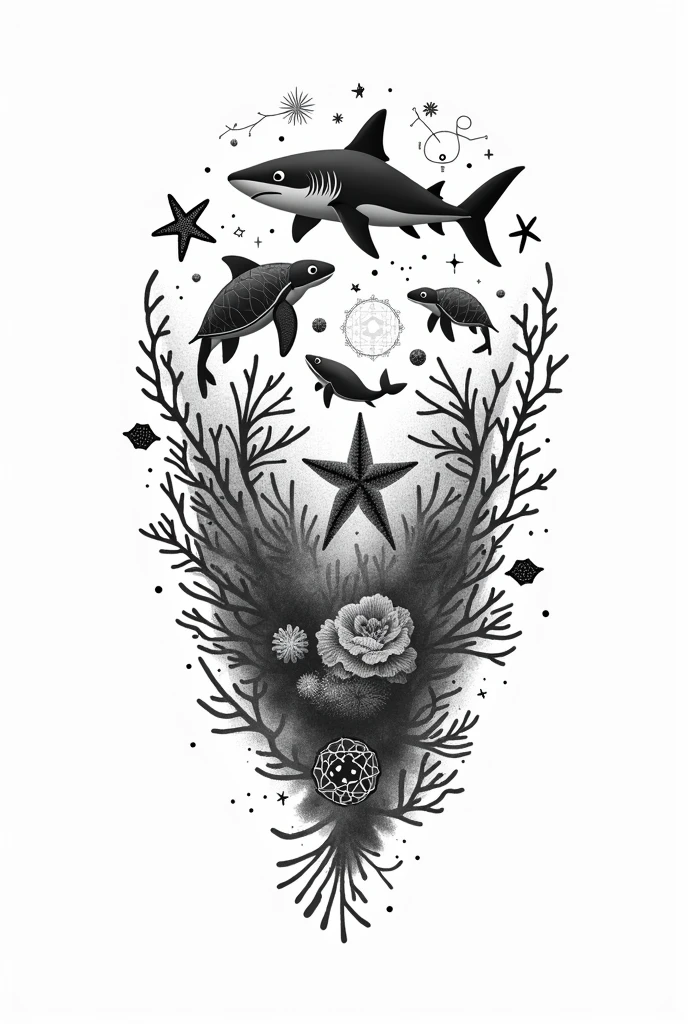 Black and white marine biology logo with different animals and scientific concepts with the text 4th week of marine biology