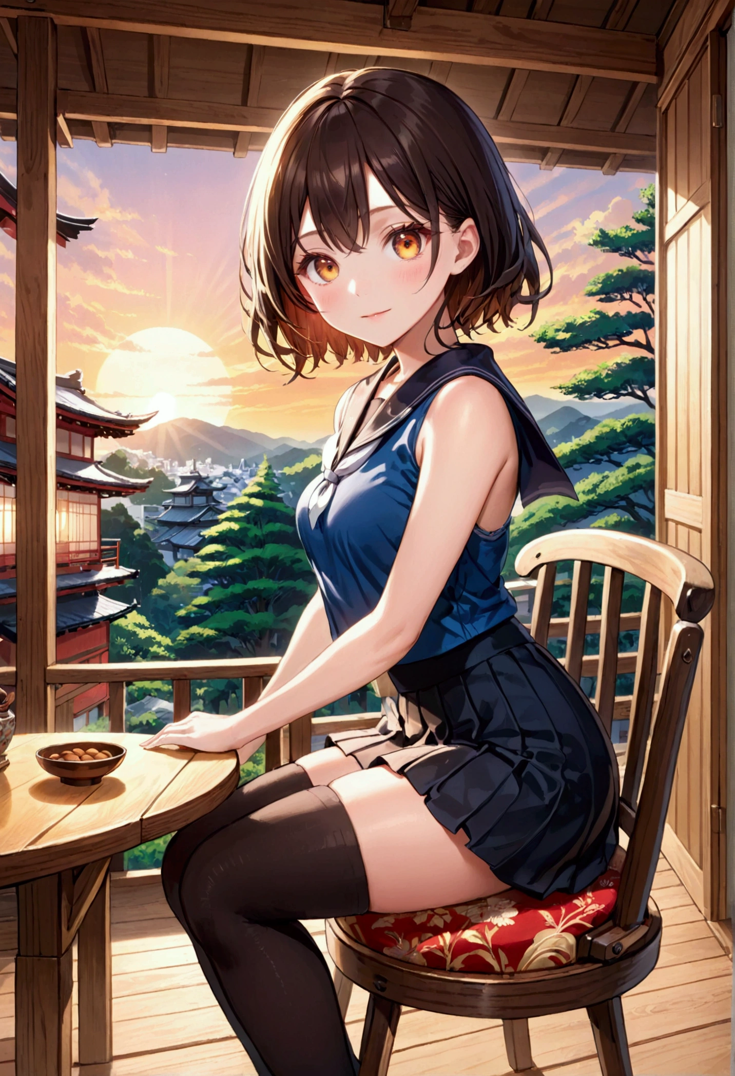 8k, masterpiece, highest quality, ultra high resolution, highest resolution, very detailed, professional lighting, orange light lighting、Backlight、Detailed CG、Low angle from the front、full body shot、Beautiful woman、beautiful eyes、(detailed face and iace:1 2)、narrow eyes、almond eye、brown eyes、gradation eye、highlight:1.2)、(beautiful black hair、long hair、asymmetrical bangs、(plump lips) 、(oval face : 1.4)、(thin fingered arms、detailed human hand)、(table top, highest quality:1.2), nostalgic、wooden warehouse、Scenery with Japanese wooden houses、sitting in veranda、ancient folk house、pine tree、plant、beautiful japanese garden、beautiful red sunset、vapour、crap、white breath、full body pose、A girl who blends into the scenery、sitting in a chair、Beautiful woman, small face、white skin、very cute, 、(fine eyes、bright eyes、Gradient eyes:1、Beautiful eyes drawn in detail:1、symmetrical eyes:1、Big eye highlight:1.2)、thin hair、brown eyes)、Breasts are medium in size、(black brown hair、very short hair:1.4)、(black sailor suit、serafuku:1.4)、thin and long legs、beautiful hip line、beautiful spine、constricted back、tight waist、JK black skirt 、pleated skirt、Hip line emphasis、black socks、black stockings、brown eyes,face is a little red, beautiful breasts、Breasts are A cup、Shoes are loafers、Split ends of long hair) 、(round face: 1.4)、gentle smile、open your mouth、teeth visible、black knee high socks、open legs, tight panties