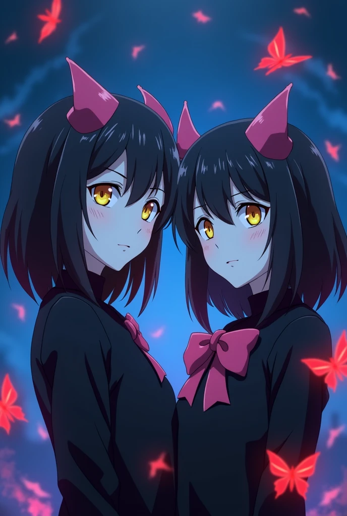 Captura de pantalla de kimetsu no yaiba.
Screenshot of a 2 woman, White skin color, medium short black hair with pink tips, Demonic yellow slanted eyes,has a pink bow, ropa estilo mitsuri kanroji negro.
Screenshot season 1.
Ufotable Animation Studio.
She is a demon with the demonic power of an evil butterfly., Red butterflies flutter around him, blue.