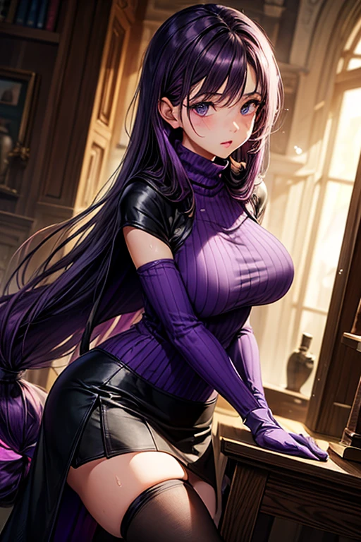 masterpiece, Highest quality, (Unreal Engine), Super Resolution, Very detailed, Complex, colorful, Clear images, Sharp focus, Digital Blending,
1 person, Expressionless girl, malaria, Quiz Magic Academy, ((Purple long hair:1.8)), Blue eyes, length, ((Narrow eyes)), (muscular:0.8), Big Breasts, bold, Lips parted, Observe the audience, Butt, Tight waist, ((Purple Dress)), ((Black Linen Skirt)), (Black Short Cape), (((Pink turtleneck net suit))), ((Pink long gloves)), Black long boots, Perfect Eyes, Perfect Face, Ultra detailed hair, Ultra detailed face, Very detailed lips, Vivid expression, Healthy Body, Beautifully detailed sweat glands, Smooth skin texture, Carefully drawn,
((humidity:1.2), Sticky with sweat), Casting magic, The magic begins,
In the world of Quiz Magic Academy, Magic Class, night, (Shot on Sony α9, Dynamic Angle),