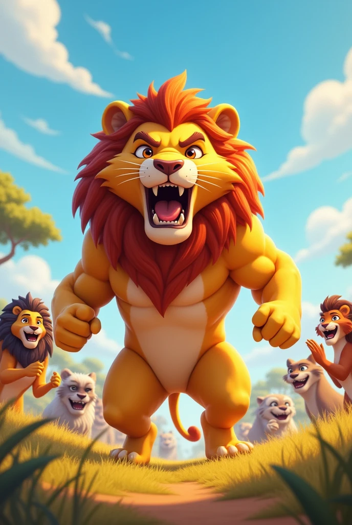 Detailed picture of a confident man anthro, (Lion, powerful body) standing proudly on the middle of the savanna, roaring with his mouth wide open. trending on Art Station, Ross Tran, ruan jia, foxovh, ((determined expression, the other animals are clapping and cheering in the background, cartoon