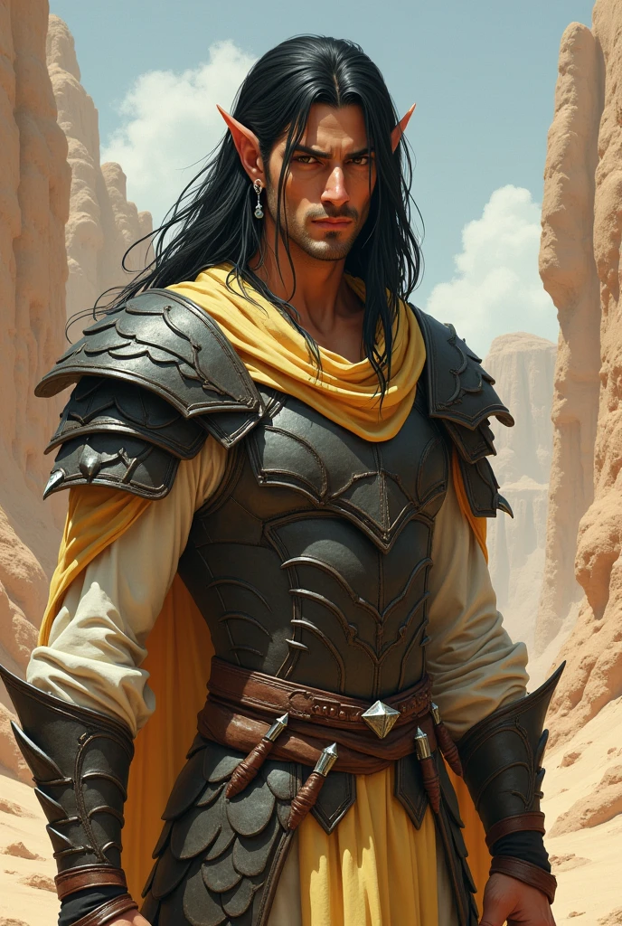 An elf man, tall with brown eyes and long black hair, light brown skin with small silver earrings and with light armor made of scales with small spikes, with colors reminiscent of desert sand, with two small daggers at his waist, and light clothing in a yellowish white color