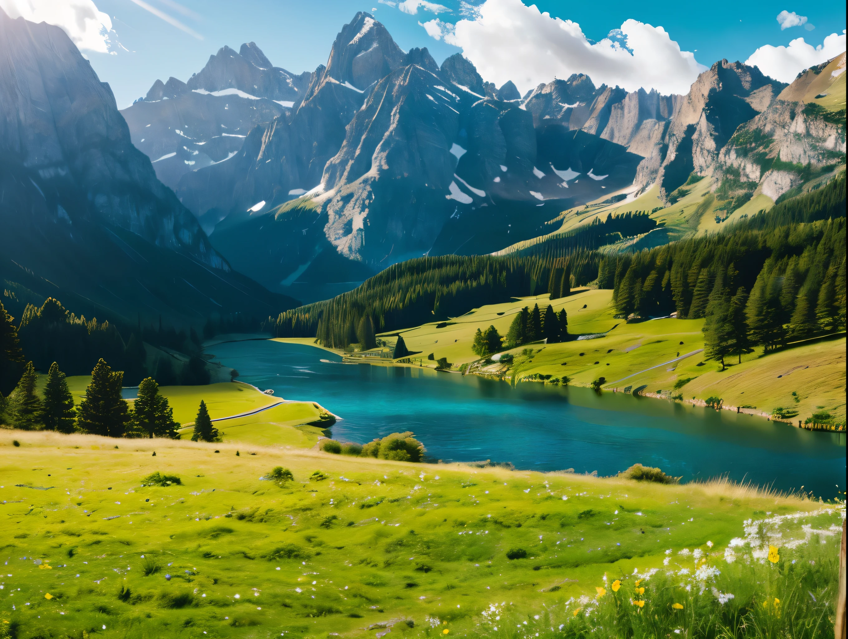 A beautiful detailed landscape, rolling hills, lush green meadows, a winding river flowing through the center, towering snow-capped mountains in the background, fluffy white clouds in a bright blue sky, golden sunlight streaming through the scene, serene and peaceful atmosphere, (best quality,4k,8k,highres,masterpiece:1.2),ultra-detailed,(realistic,photorealistic,photo-realistic:1.37),landscape,natural scenery,vibrant colors,dramatic lighting,cinematic composition