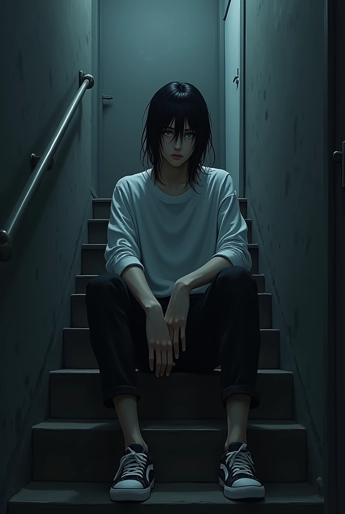 A tall, cool age man with his hands in his pants pockets. He wears a long white sweater, wears long, loose black pants and also sports shoes. Her hair is black and long down to her neck., your eyes are blue and your skin is white. In this scene he is sitting on a staircase in a dark apartment while his hands are in his pants pockets as if he is bored.. Art is realistic.