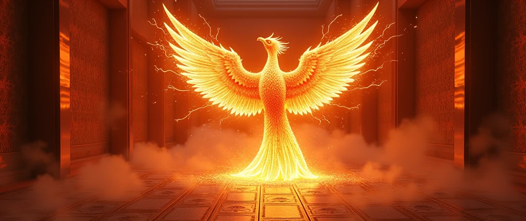 theme:(phoenix:1.4), A room whose walls appear to move and change shape when observed, detailed, A mind-blowing illusion, shining bird, realistic details, amazing quality, melting magical power, in lightning in storm,