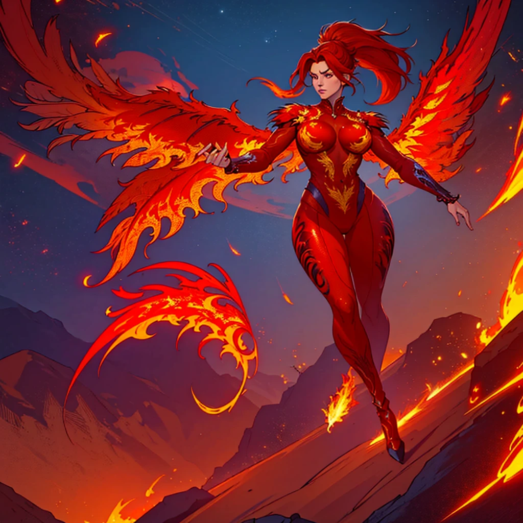 *8k Masterpiece, Top Quality, Best Quality, Official Art, (Beauty and Aesthetics: 1.3), Extremely Detailed, (Fractal Art: 1.3), Colorful, fire phoenix, fire wings, Claw, 1 Woman, Han Woman's Media, red, phoenix costume, long ponytail hair, feathers, full body, fiery fields,