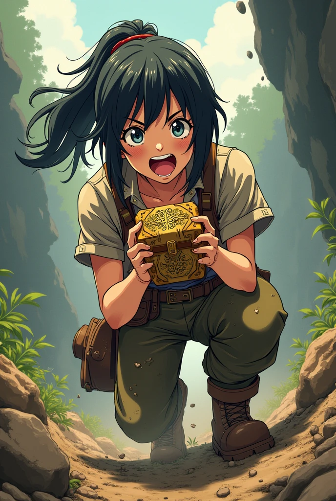 Japanese anime style,woman,地の底から這い上がっているwoman,The clothes are dirty,Trying to crawl up,treasure hunter,泥まみれのwoman,Holding the treasure,Japanese Style,アニメのwoman,Very happy