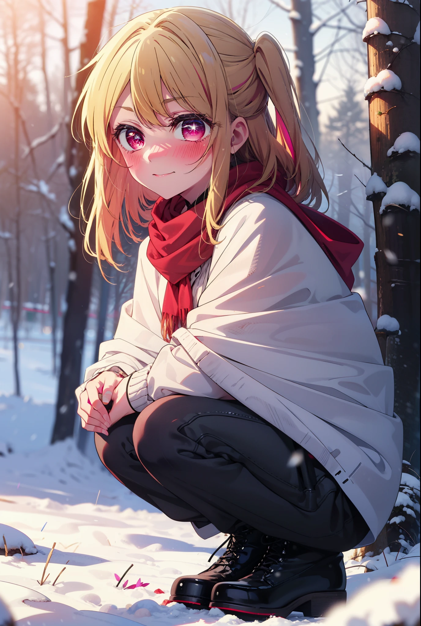 rubyhoshino, Hoshino Ruby, Long Hair, bangs, blonde, (Pink Eyes:1.3), Side Lock, (Symbol-shaped pupil:1.5), Multicolored Hair, Two-tone hair, smile,,smile,blush,white breath,
Open your mouth,snow,Ground bonfire, Outdoor, boots, snowing, From the side, wood, suitcase, Cape, Blurred, , forest, White handbag, nature,  Squat, Mouth closed, Cape, winter, Written boundary depth, Black shoes, red Cape break looking at viewer, Upper Body, whole body, break Outdoor, forest, nature, break (masterpiece:1.2), Highest quality, High resolution, unity 8k wallpaper, (shape:0.8), (Beautiful and beautiful eyes:1.6), Highly detailed face, Perfect lighting, Extremely detailed CG, (Perfect hands, Perfect Anatomy),