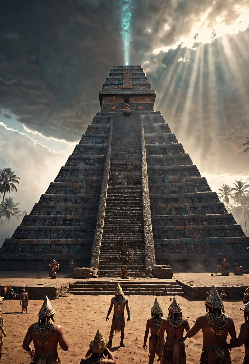 a huge ancient pyramid, detailed aztec priest performing ritual sacrifice with silver aliens in the sky observing, intricate aztec architecture, dramatic lighting, mist, cinematic composition, hyper detailed, masterpiece, ultra-detailed, photorealistic, 8k, dramatic lighting, chiaroscuro, volumetric lighting, vibrant colors, ornate decorations, gold accents, highly detailed faces and expressions, atmospheric haze, dynamic camera angle