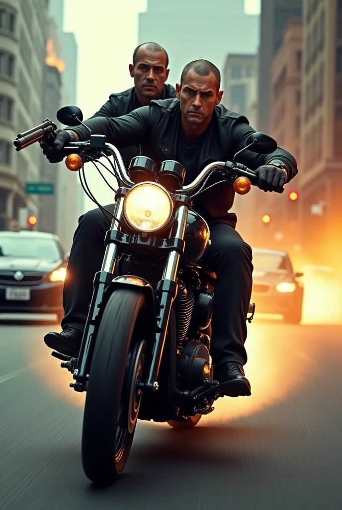 In America two male look like same  in one incredible black bike chasing cars with Gun side view