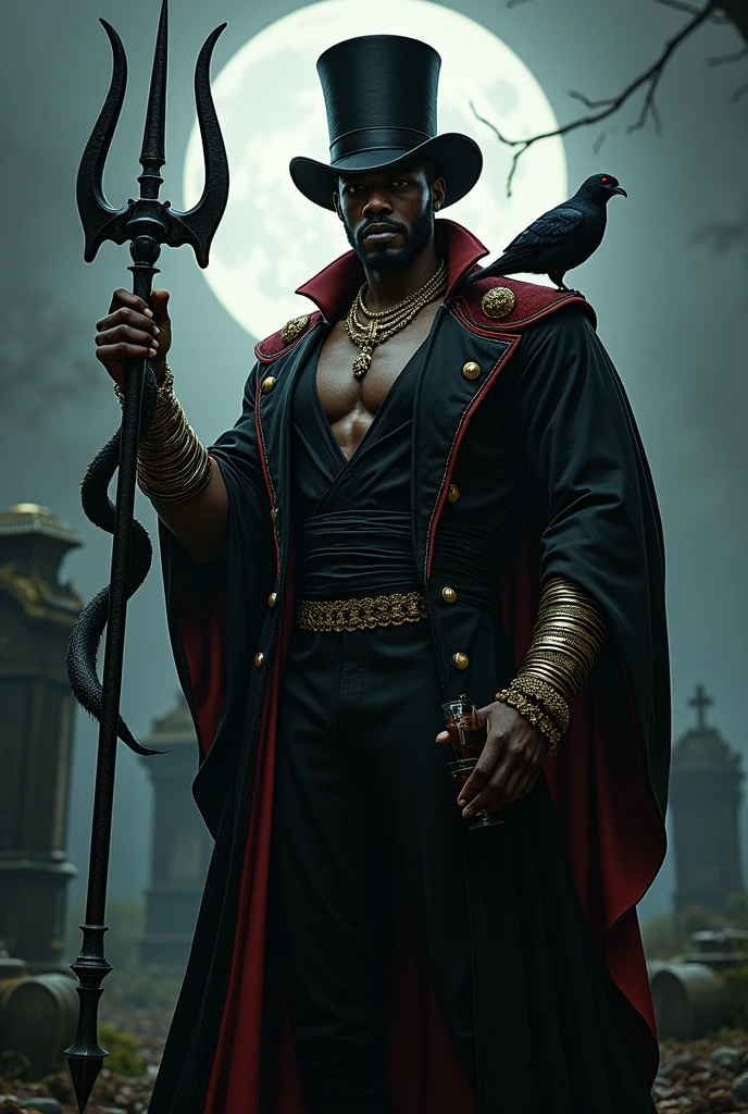 (work of art:1.2), absurderes, A photorealistic photo, fully body, Exú Locks Streets, who is a tall black man, with drawn beard, toned body, in black evening dress, with black top hat, black velvet cover on the outside and red on the inside, with golden details and in his left hand a black trident the size of him and in his right a glass of whiskey and cigar and in front of him a dove gira, with long flowing black hair, with the right side of the face covered by hair, with a flared skirt made of black rags. With a bottle of continen in his right hand and a black snake climbing his left arm. With lots of bracelets on the right wrist, Black lipstick on lips, With a malicious smile. Inside the cemetery rises the light of the full moon