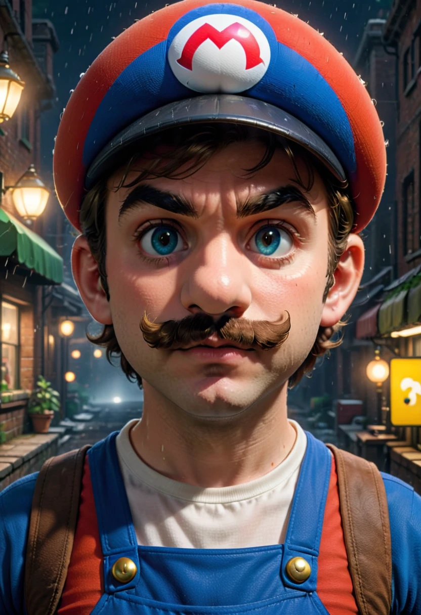 Super Mario staring at camera,black scenario, studio light, detailed clothing folds, highly detailed, intricate, sharp, hyper-realistic, 8k, photorealistic, volumetric lighting, dynamic pose, fantasy,  bright colors, primary colors, lively,serious expression