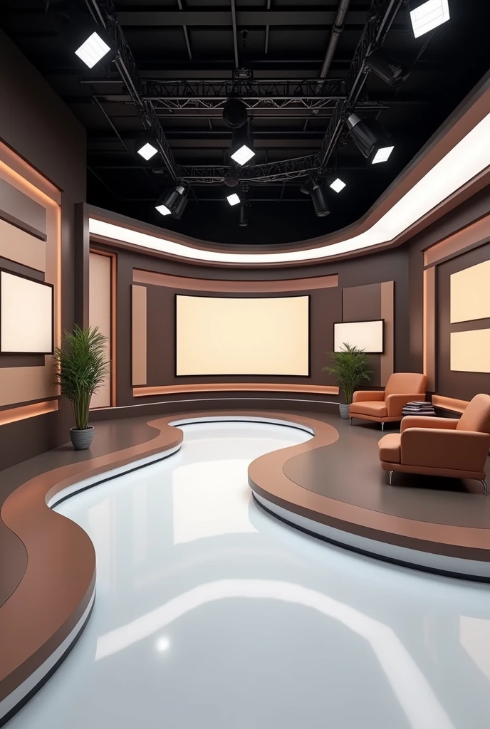 create a news studio. the colors must be different shades of brown and grey. There are TV's, and Cameras. The floor is white. NO PEOPLE JUST STUDIO