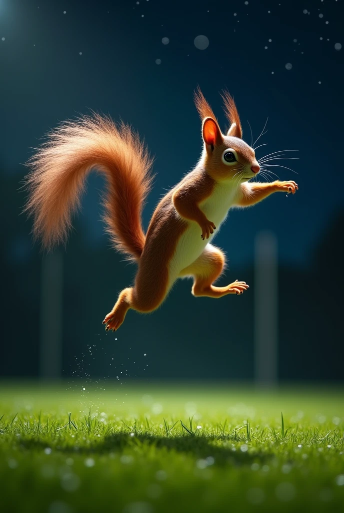 A squirrel doing a bicycle kick in the air on a soccer field at night