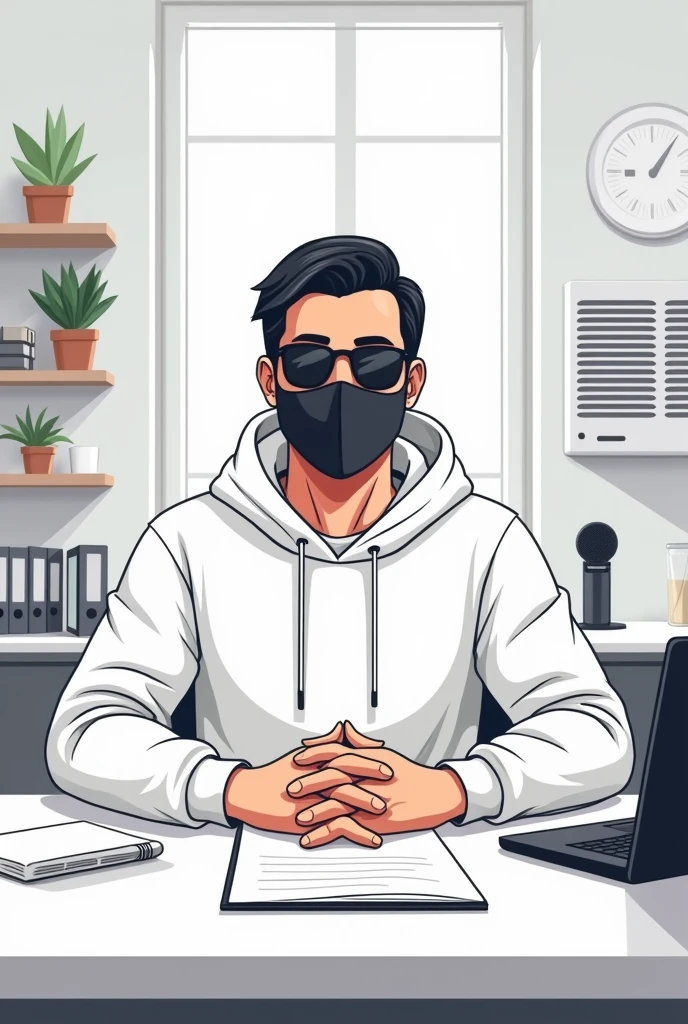 FRIENDLY LOOKING MALE BUSINESS CHARACTER WHO IS WEARING A black FACE MASK, A White HOODIE AND SUNGLASSES. HE IS SITTING BEHIND HIS LAPTOP, microphone and coffee IN HIS Studio, ARMS ON HIS DESK. IT IS Day. THE ROOM HAS YouTube studio. Window, Air-cooler and shelf on his back. HE IS talking about business. he is FRONT FACING TO THE CAMERA, LOOKING straight AND CENTERED, CENTRAL PORTRAIT, SITTING STRAIGHT, FRONT VIEW, CENTERED LOOKING STRAIGHT. THE OVERALL AMBIANCE OF THE IMAGE SHOULD CONVEY A CONNECTION TO MINIMALISM, FLAT ILLUSTRATION, BOLD LINE, MINIMALISM, SIMPLIFIED, GOUACHE ILLUSTRATION. Hd RESOLUTION