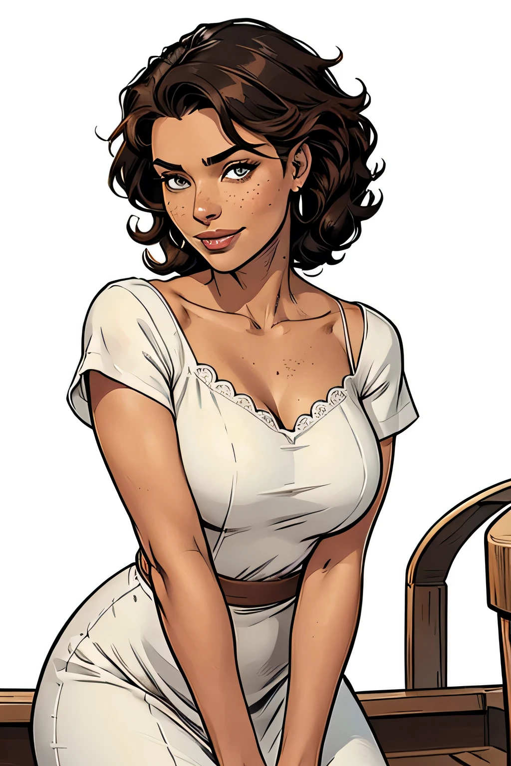 Thin woman, age 25, 4K (High definition), beautiful smile, seducing gaze, eyes browns, wearing a white dress ((with side zipper, generous neckline, shortsleeves)), arms positioned at the side of the body, brown skin, short curly black hair ((at shoulder height)), upper body, curvy with freckles on her chest and neck, Large round breasts. High-quality Marvel style, white background.