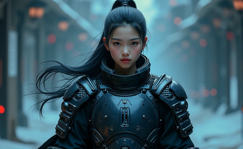 The figure of a young male samurai, with a robotic armor, with a pale face, determined reckless look, deep black eyes, black hair with fluids tied in a cyber environment of unreal black and blue colors, Black background