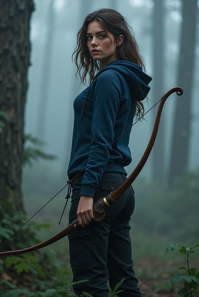 A girl with okay looks, with brown wavy hair, lots of freckles, blue eyes, a height of 5”5, curvy hips, not very big cleavage, wearing black cargo pants, and a tight fitting navy blue hoodie, standing in a foggy forest holding a bow and arrow