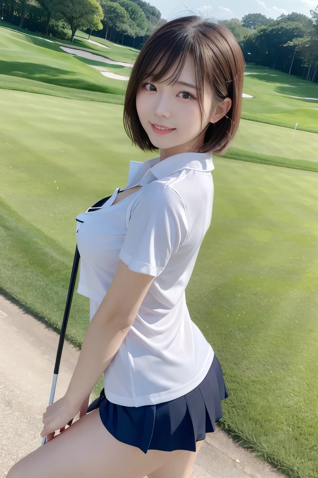 highest quality、8k、No makeup、masterpiece、Ultra-high resolution、Clear photos、Professional Lighting、Natural light、Very cute girl、Idle class、Baby Face:1.6、Very slim、Tight waist、Very short bob hair:1.8、Brown Hair:1.8、Beautiful Hair、Thin legs、smile、Golf course、Wear golf wear:1.8、White golf wear、I'm wearing a dark blue tight mini skirt:1.8、On the grass、Squat with your legs apart