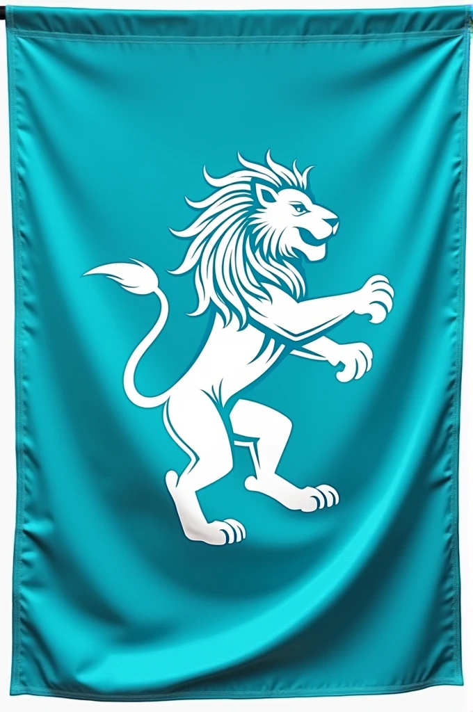 A turquoise flag with a white and turquoise lion for school olympics
