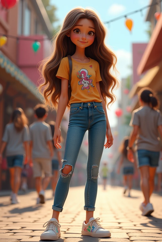 1 female teenager, long brown hair, with jins and white pixar style sneakers
