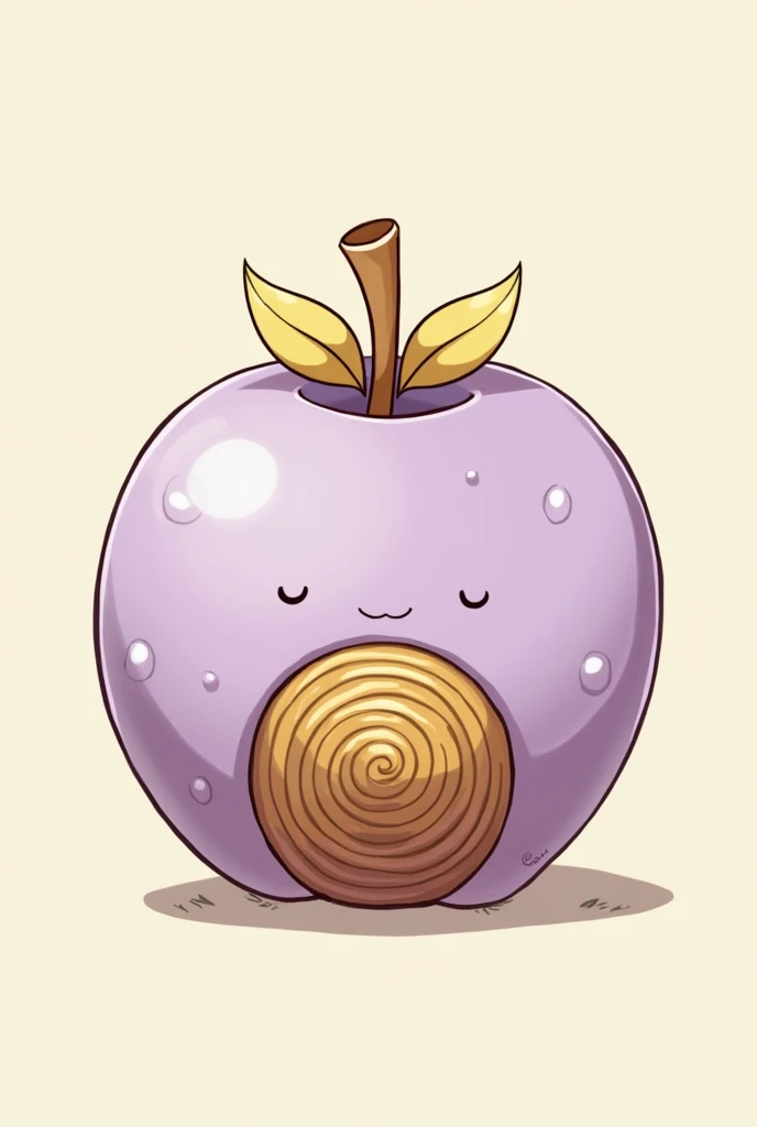 fruit based on one piece with cartoon style, with a stem divided in half in a spiral, making a gradient with gold on top and turning brown towards the bottom, fruit color light purple, with several spirals and small white spots all over the fruit. It has an extremely minimalist, round, golden pair of wings in the middle of the fruit&#39;s stem and the fruit&#39;s shape is similar to an apple..