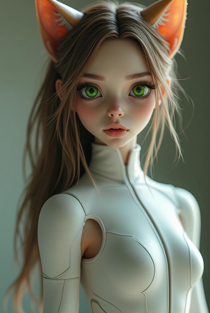 female alien with feline features and brown..large green eyes elongated upwards. Wears white overalls type uniforms