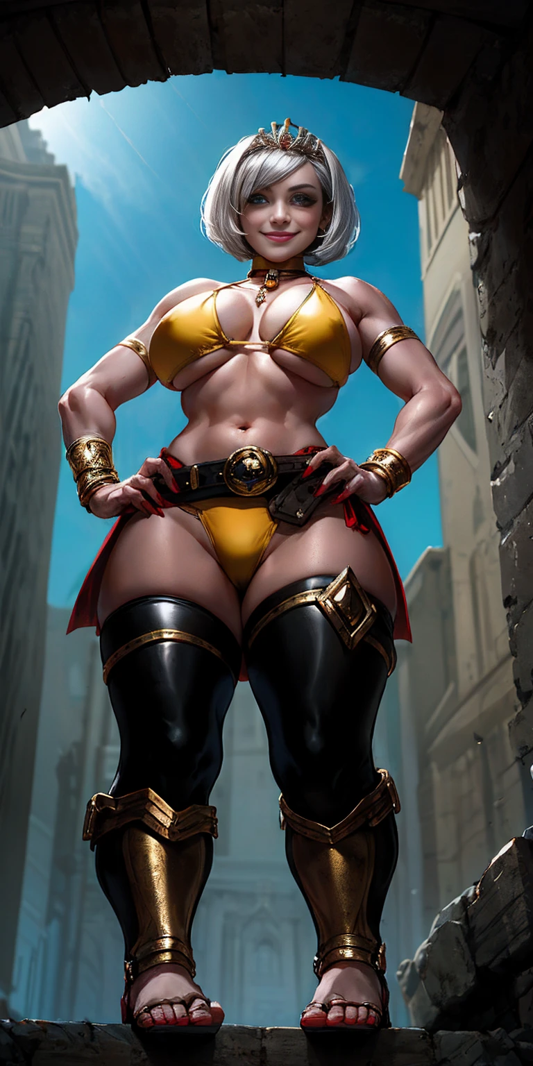 full body, whole body, solo, female, short white silver bob hair, big breast, yellow bikini, hands on hips, hands on waist, navel, lustful smirking smiling, smile red face, metal shoulders, gold sleeveless armbands, black leather choker collar, shackle bracelet, pauldrons, breastplate, leather corset, eye focus, loincloth standing, metal sandals, twin big belt, view from below, feet together, bracers, tiara