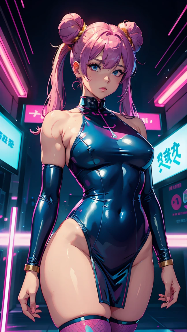 shampoo, Ranma 1/2, , bun head、bluish Purple wide fur, double tail、Chinese traditional white dress with gold ornaments. Fitness, muscular, shredded abs, thick thighs, thick calves, sexy legs, thicc thighs, large hips, thin waist, small breasts, high heels, full body, thick legs, long legs. View of the Cyberpunk City, Clearly defined lines, Neon Lights, Very Sexy, 8k, 8k Very detailed), (Very delicate and beautiful), (masterpiece), (Better Quality: 1.0), (Ultra-high resolution:1.0), ((Synthwave Background Theme)), cyan, and pink neon lights, rainny night, cute, sexy, beautiful, innocent, evil, fishnet bodysuit