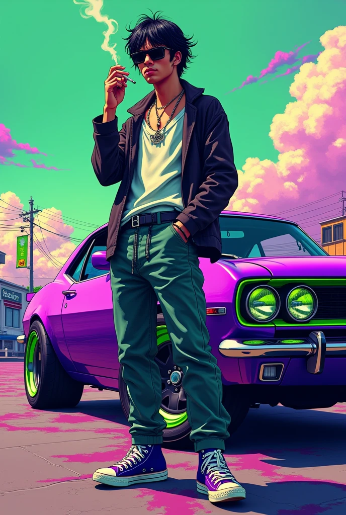 A psychedelic artwork with purple and green details of a man with long black hair that doesn't go past his shoulders, with sunglasses, the hair is a bit messy, wearing baggy clothes and purple and green sneakers smoking a cigarette next to a purple and green drift car in Japan