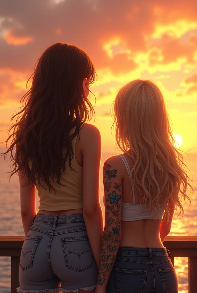 A couple of two girls, the one with brown hair and short hair should be a little bigger than the one with blonde hair and they should be watching the sunset and the one with blonde hair who has long hair should be a little smaller than the one with brown hair and she should be watching a sunset at the sea. The one with short hair should not have it so short, that she should have it a little medium-sized and that it should not look so realistic. The brown hair should have medium-sized hair and the one with blonde hair should have it long and wavy. The blonde should have a tattoo on her entire arm and the one with brown hair and medium-sized hair should be tall.