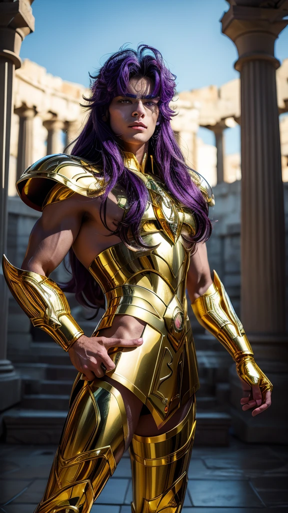 A man, male details, Degel Scorpio from Saint Seiya, masterpiece, best quality, highly detailed RAW color photo, sharp focus, 8k high definition, reading glasses, holding a red lazer energy, long purple hair, turtle neck, male wearing gold shiny armor, light turquoise purple hair, tight-fitting blue undergarment beneath armor, purple eyes, leg armor, shoulder armor, gold armor, reflection on armor, headset, gold headband, sparking armor, white skin-tight transparent vinyl, gentle smile, in an open and well-lit Coliseum,Fighting Pose with Greek pillars and garden with flowers, Scorpio Armor, standing straight, sacredness, landscape, bright, facial freckles (0.1), to8contrast style, posing in a bright Coliseum with Greek golden pillars, rim lighting (1.4), two-tone lighting with soft highlights, octane, unreal, well-lit, aura of wisdom.