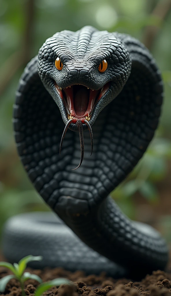 "A realistic, large black mamba in a defensive posture, with its hood expanded and hissing menacingly. The snake should be shown in detail, highlighting its distinctive scales, the hood's pattern, and the intense expression. The background should be natural, perhaps a forest floor or a jungle setting, to emphasize the snake's natural habitat."