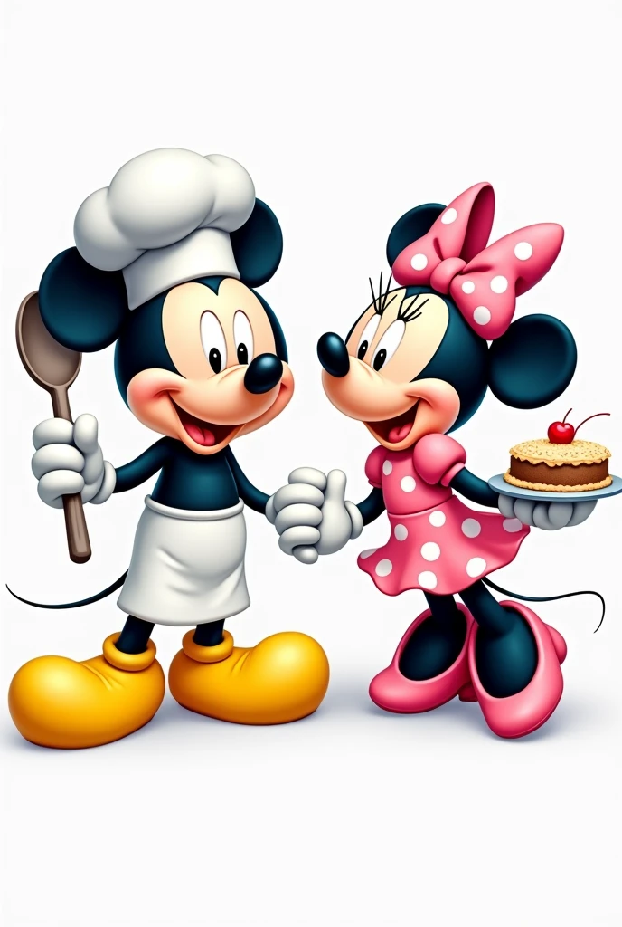 a detailed, full-body image in a cartoony style of Mickey and Minnie Mouse, both dressed as chefs. Mickey is wearing a white chef's hat, a white apron, and yellow shoes. Minnie is wearing a pink dress with white polka dots and a matching bow. They are both smiling and look joyful. Mickey is holding a large cooking spoon, and Minnie is holding a tray of sweets. The background should be completely white, focusing solely on the characters without any kitchen or additional elements in the background. The image should feature simple shapes, bold outlines, solid colors, and minimal shadows or realistic details, characteristic of cartoon-style illustrations