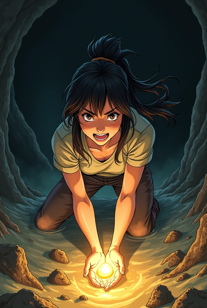Japanese anime style,woman,地の底から這い上がっているwoman,The clothes are dirty,The face is also sideways,Trying to crawl up,treasure hunter,泥まみれのwoman,Holding the treasure,The treasure shines brightly,Japanese Style,アニメのwoman,Very happy