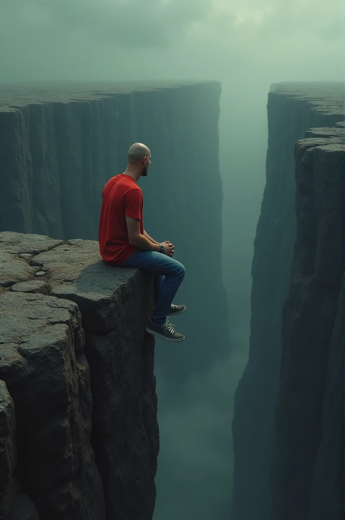 A tall man, Scrawny, offwhite, jeans, Grey sneakers, Red shirt, with wristwatch, sitting on the edge of an abyss