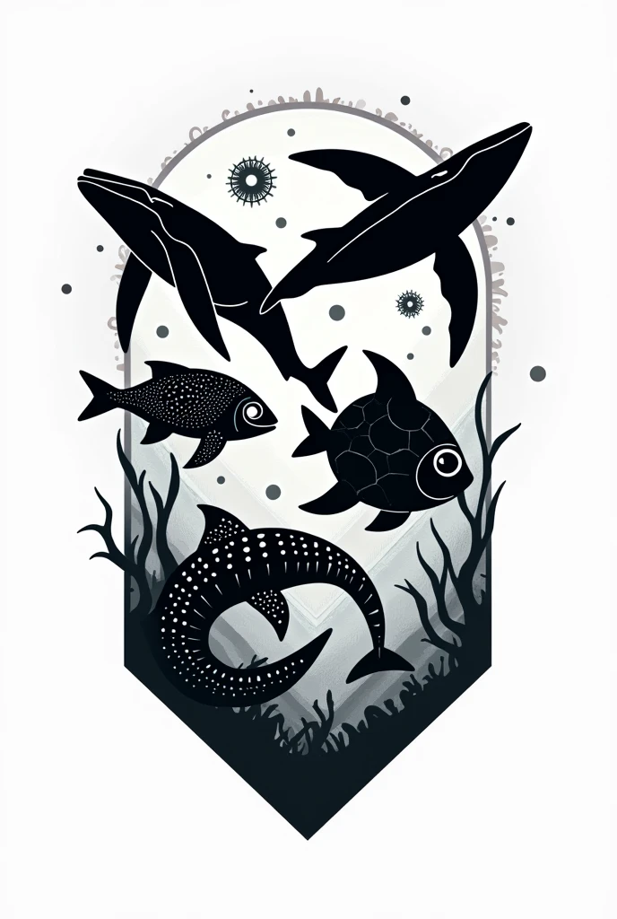 Innovative black and white marine biology logo with different animals with the text 4th week of marine biology